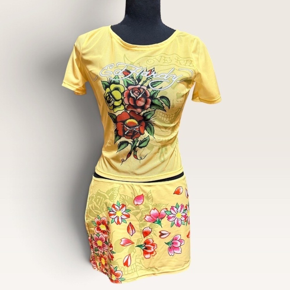 Ed Hardy Yellow Mesh Two Piece Set Rose Skull Floral Rhinestone Y2K Women